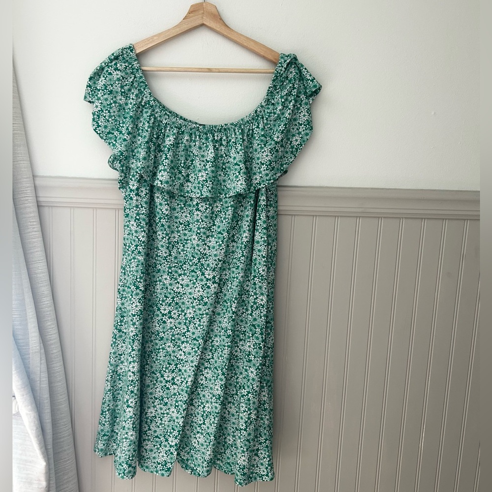 Joe Boxer 2X Green White Floral Off-Shoulder Ruffle Summer Beach Sun Dress
